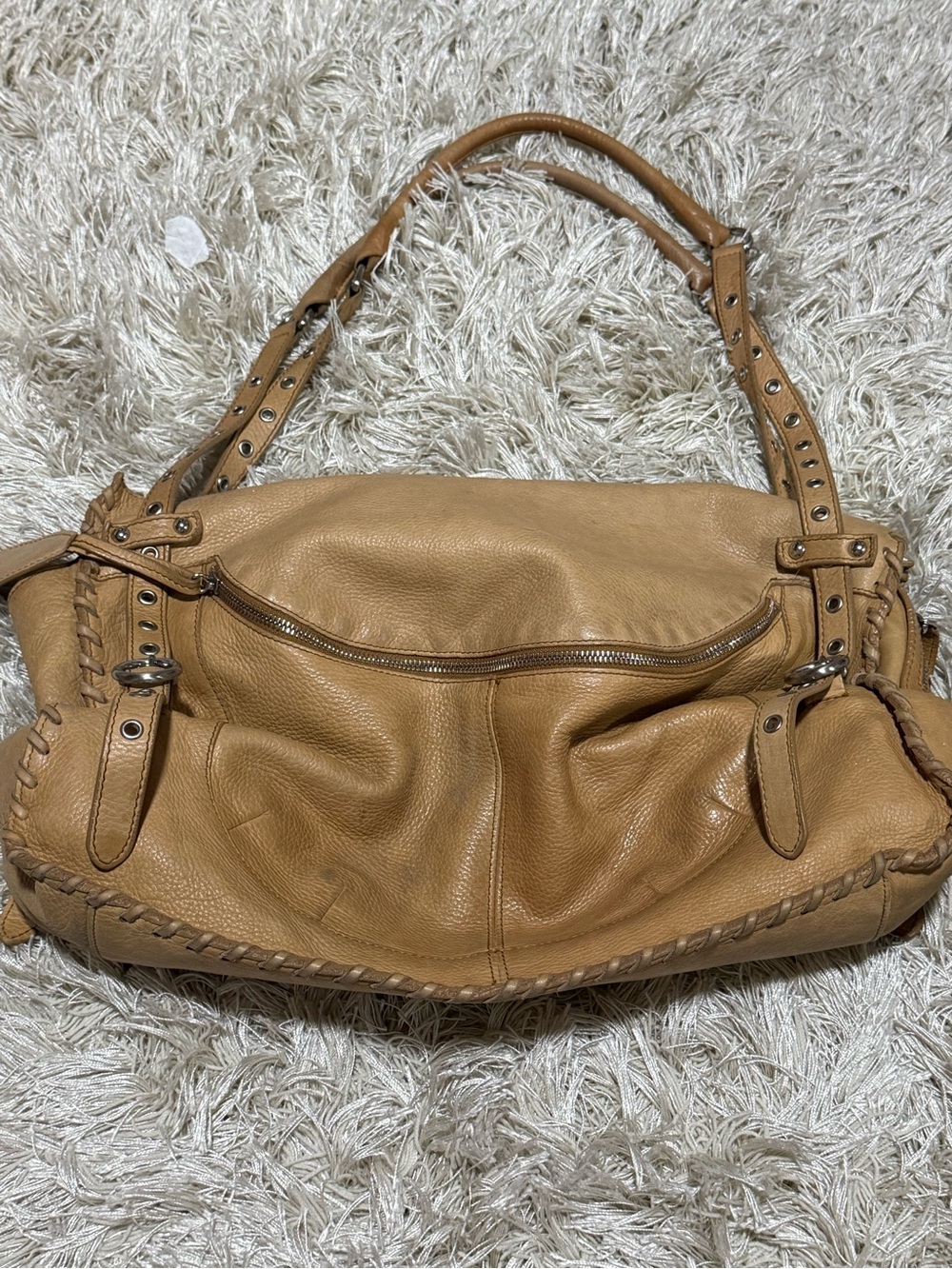 Furla Italian Leather Slouchy Hobo Shoulder Bag Whipstitch Tote - Picture 3 of 11